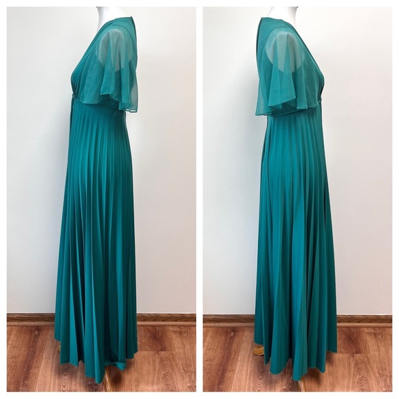 Vintage Mid Century Teal Chiffon Cape Pleated Formal Goddess Maxi Dress Gown - Picture 2 of 13